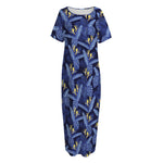 Blue Hawaiian Tropical Pattern Print Short Sleeve Long Nightdress