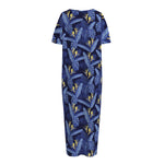 Blue Hawaiian Tropical Pattern Print Short Sleeve Long Nightdress