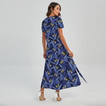 Blue Hawaiian Tropical Pattern Print Short Sleeve Maxi Dress
