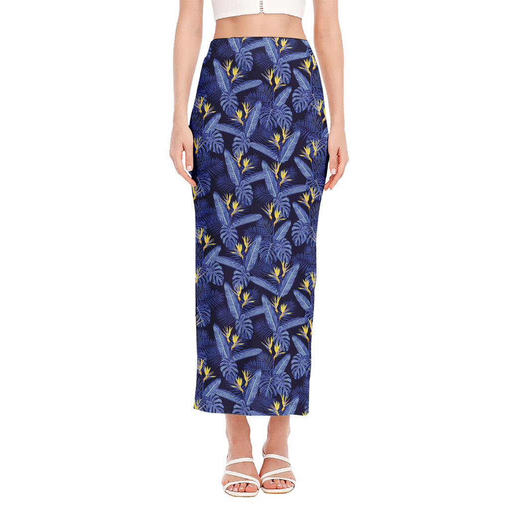 Blue Hawaiian Tropical Pattern Print Side Slit Maxi Skirt