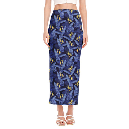 Blue Hawaiian Tropical Pattern Print Side Slit Maxi Skirt