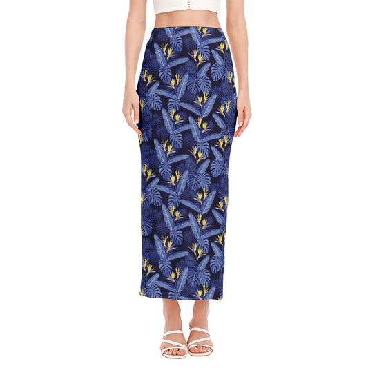 Blue Hawaiian Tropical Pattern Print Side Slit Maxi Skirt