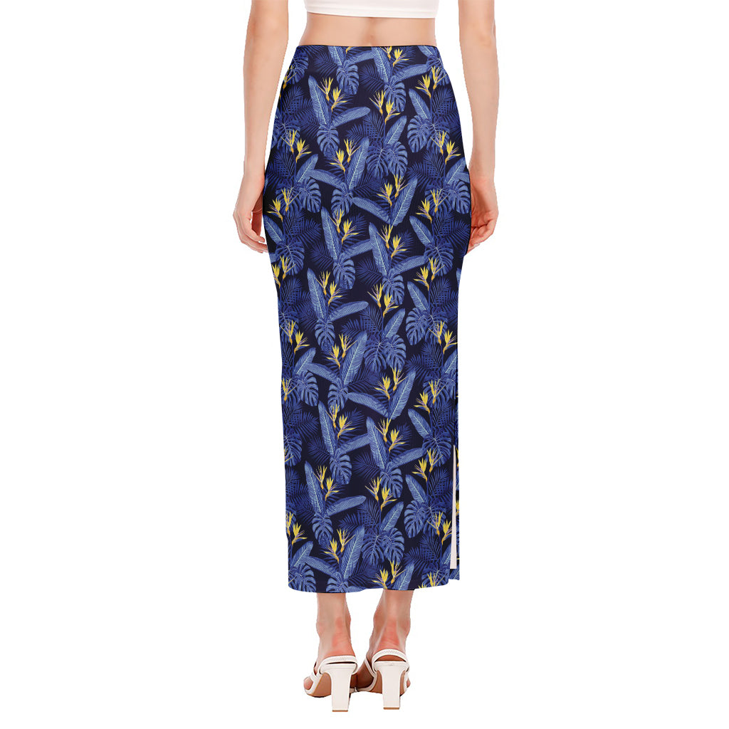 Blue Hawaiian Tropical Pattern Print Side Slit Maxi Skirt