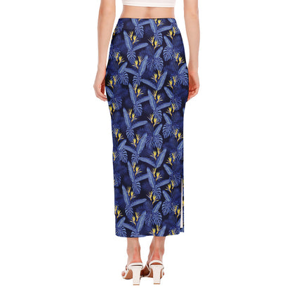 Blue Hawaiian Tropical Pattern Print Side Slit Maxi Skirt