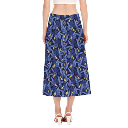Blue Hawaiian Tropical Pattern Print Side Slit Midi Skirt