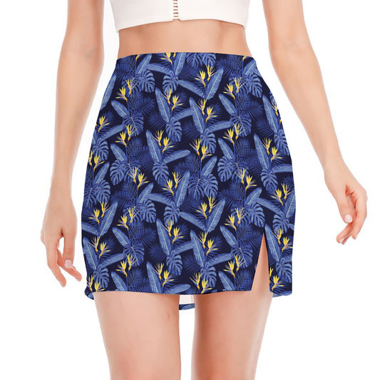 Blue Hawaiian Tropical Pattern Print Side Slit Mini Skirt