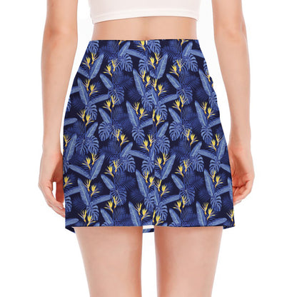 Blue Hawaiian Tropical Pattern Print Side Slit Mini Skirt