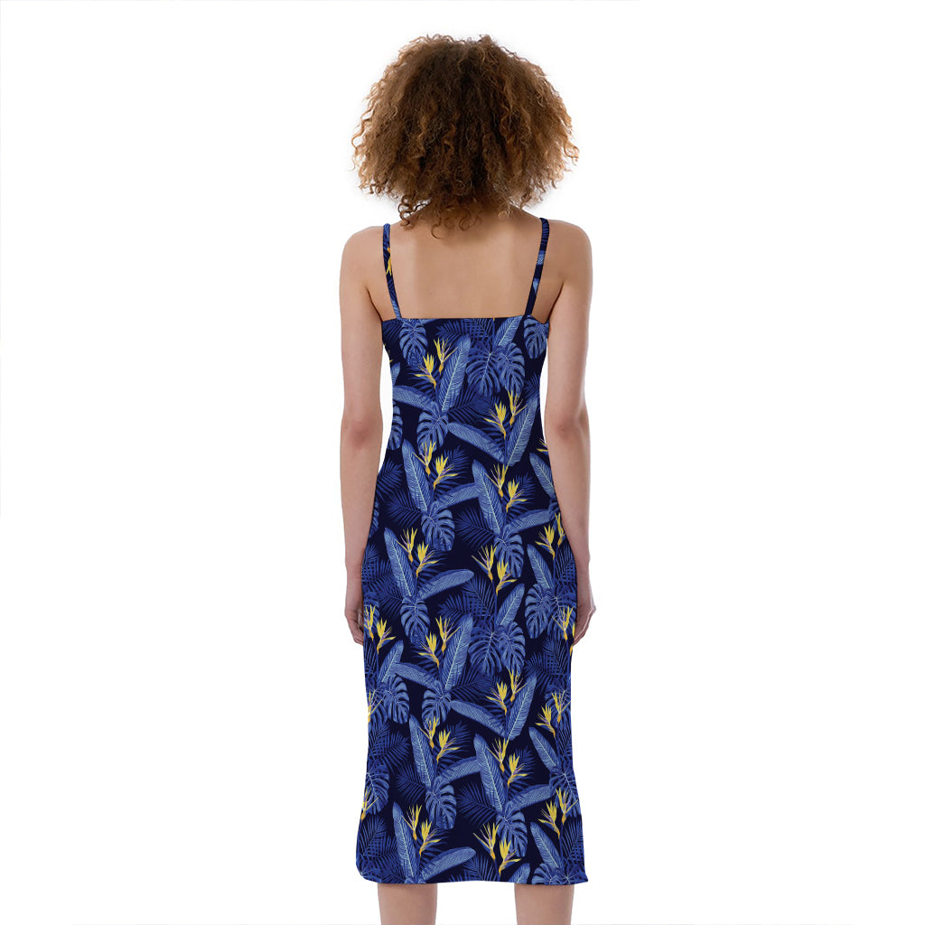 Blue Hawaiian Tropical Pattern Print Slim Fit Midi Cami Dress