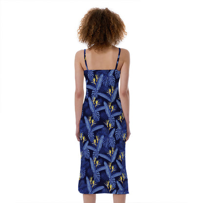 Blue Hawaiian Tropical Pattern Print Slim Fit Midi Cami Dress
