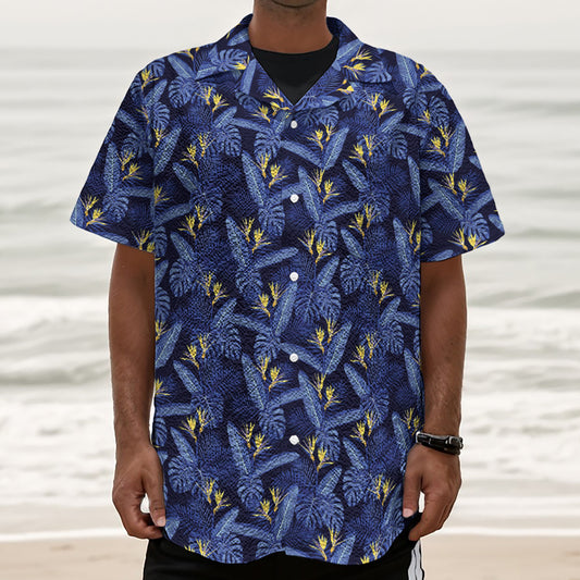 Blue Hawaiian Tropical Pattern Print Textured Short Sleeve Shirt