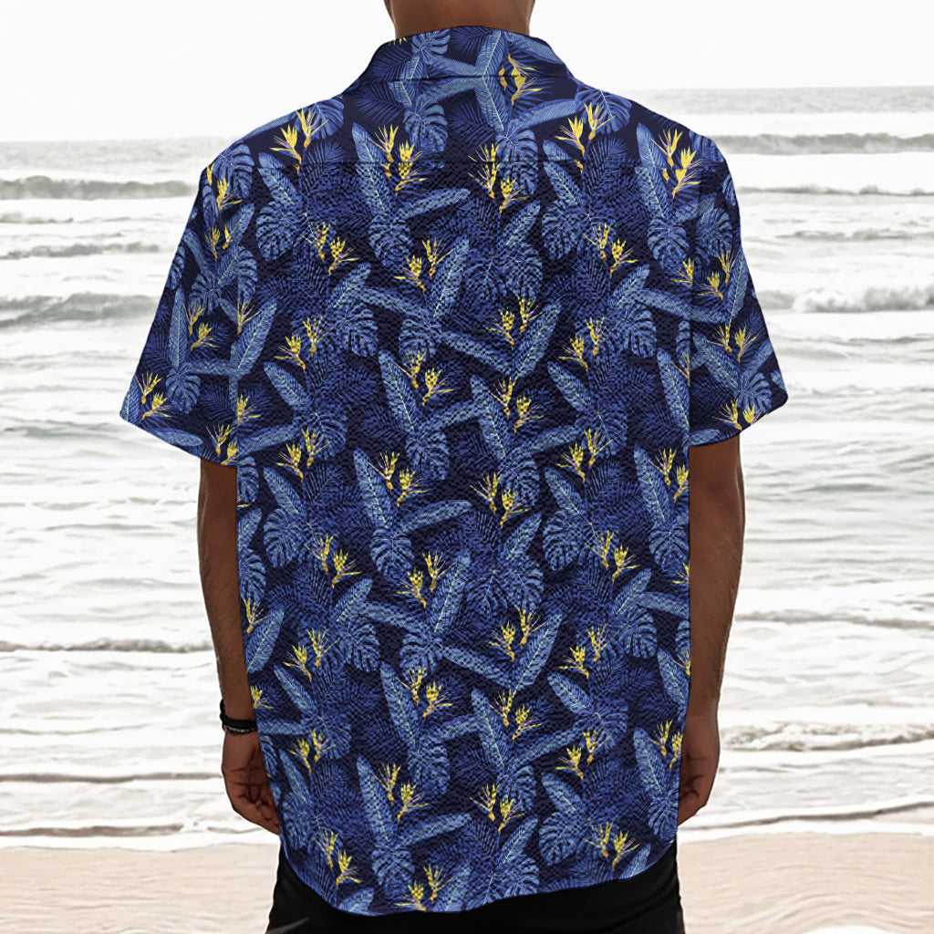 Blue Hawaiian Tropical Pattern Print Textured Short Sleeve Shirt