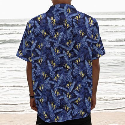 Blue Hawaiian Tropical Pattern Print Textured Short Sleeve Shirt