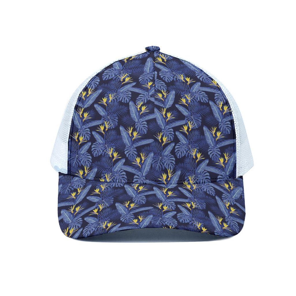 Blue Hawaiian Tropical Pattern Print White Mesh Trucker Cap