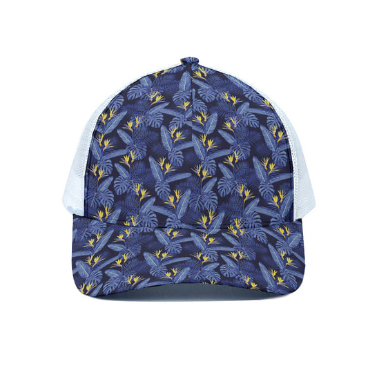 Blue Hawaiian Tropical Pattern Print White Mesh Trucker Cap