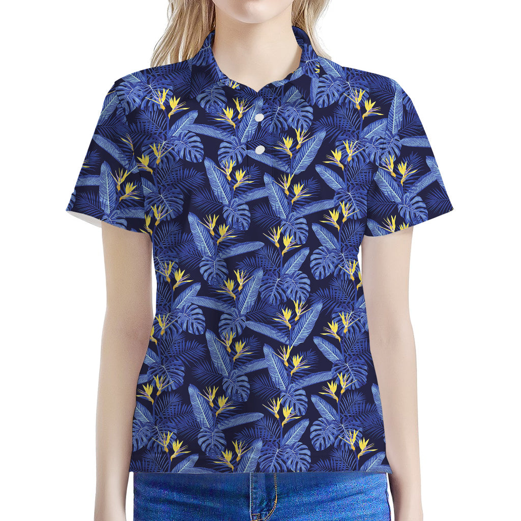 Blue Hawaiian Tropical Pattern Print Women's Polo Shirt