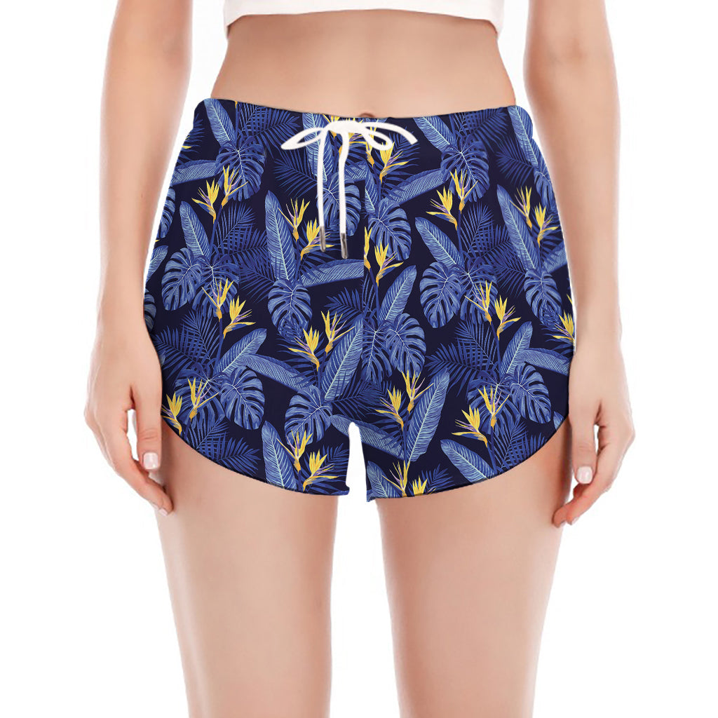 Blue Hawaiian Tropical Pattern Print Women's Split Running Shorts