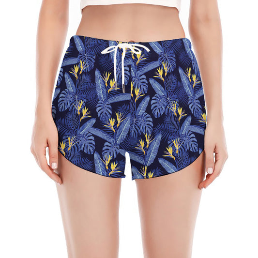 Blue Hawaiian Tropical Pattern Print Women's Split Running Shorts