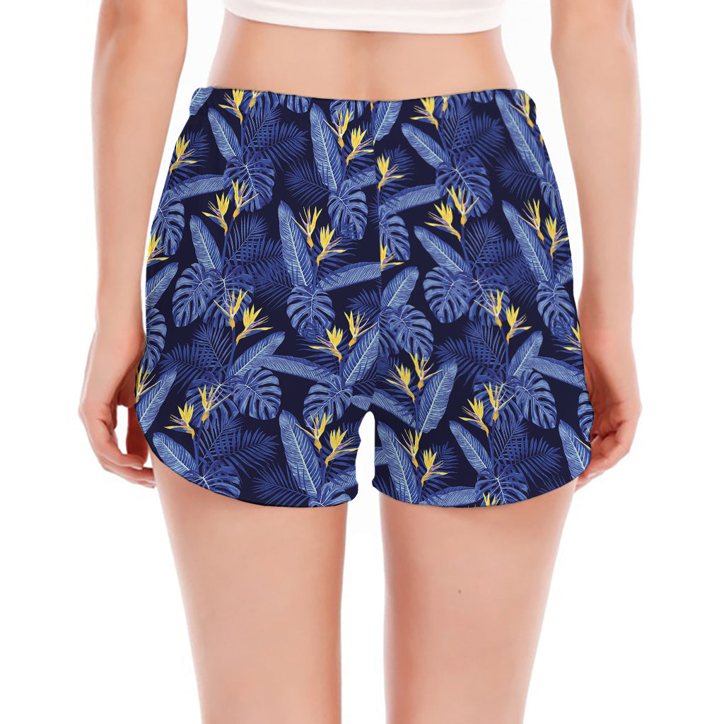 Blue Hawaiian Tropical Pattern Print Women's Split Running Shorts