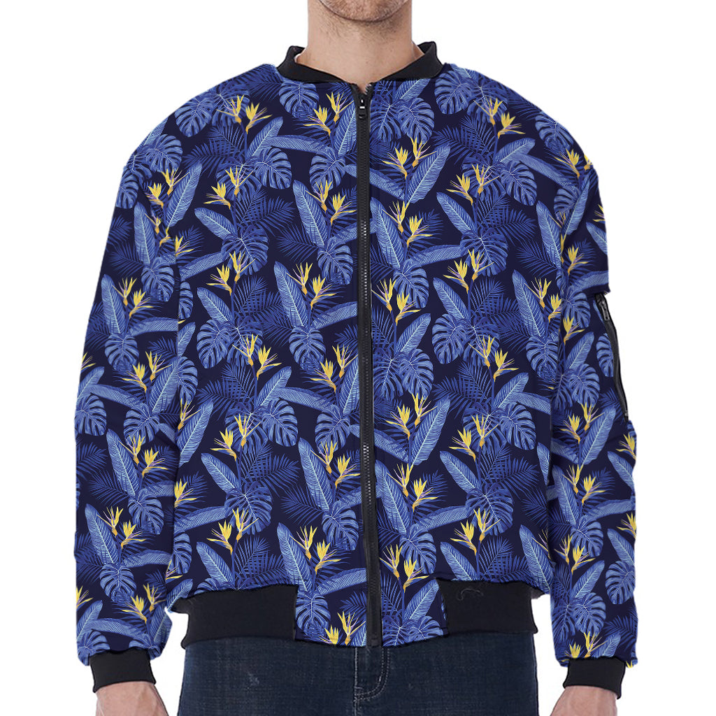 Blue Hawaiian Tropical Pattern Print Zip Sleeve Bomber Jacket