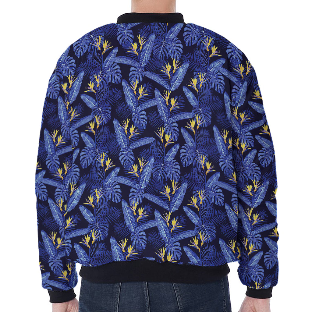 Blue Hawaiian Tropical Pattern Print Zip Sleeve Bomber Jacket