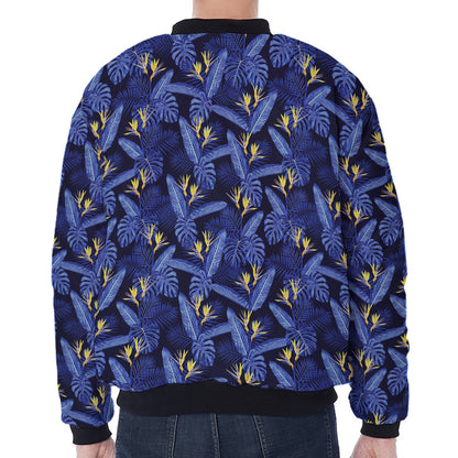 Blue Hawaiian Tropical Pattern Print Zip Sleeve Bomber Jacket