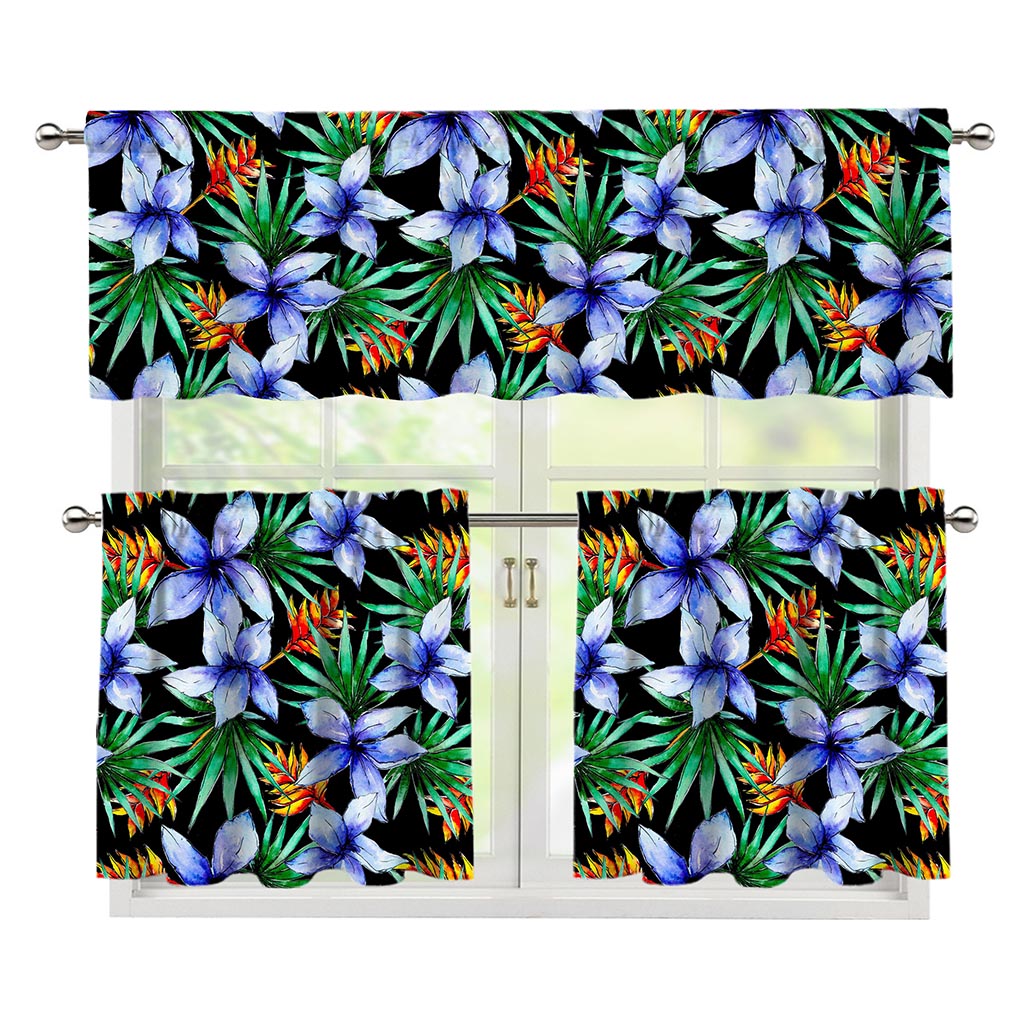 Blue Hawaiian Wildflowers Pattern Print 3 Piece Kitchen Curtains