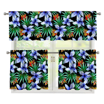 Blue Hawaiian Wildflowers Pattern Print 3 Piece Kitchen Curtains