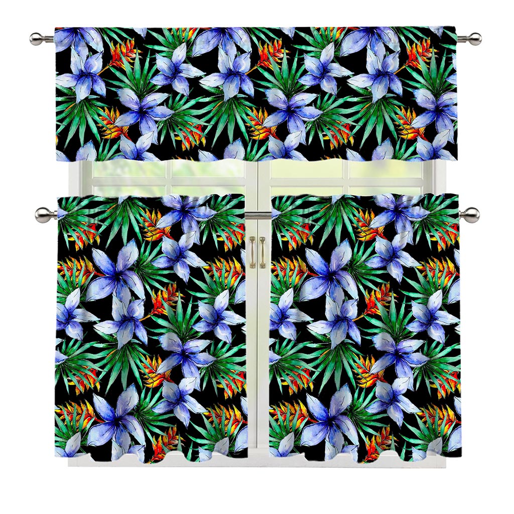 Blue Hawaiian Wildflowers Pattern Print 3 Piece Kitchen Curtains