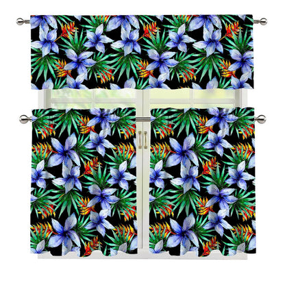 Blue Hawaiian Wildflowers Pattern Print 3 Piece Kitchen Curtains