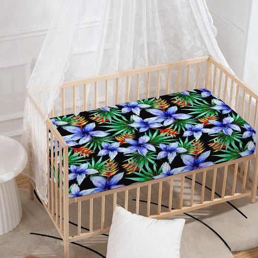 Blue Hawaiian Wildflowers Pattern Print Baby Crib Sheet