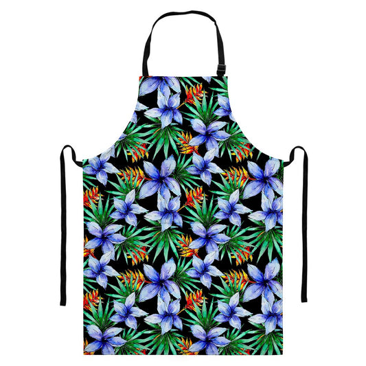 Blue Hawaiian Wildflowers Pattern Print Bib Apron With Pocket