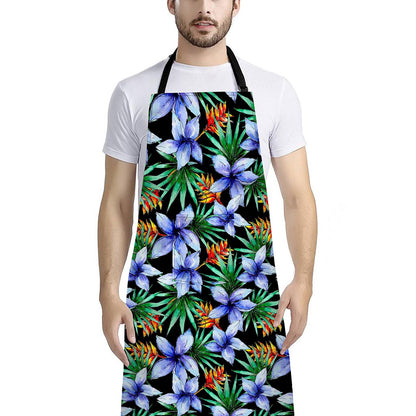Blue Hawaiian Wildflowers Pattern Print Bib Apron With Pocket