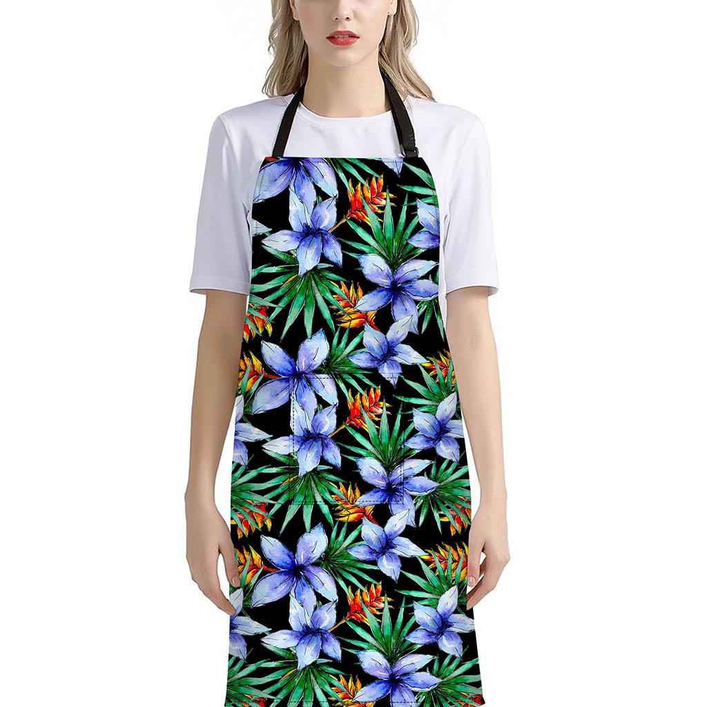 Blue Hawaiian Wildflowers Pattern Print Bib Apron With Pocket