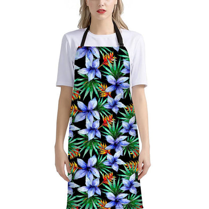 Blue Hawaiian Wildflowers Pattern Print Bib Apron With Pocket