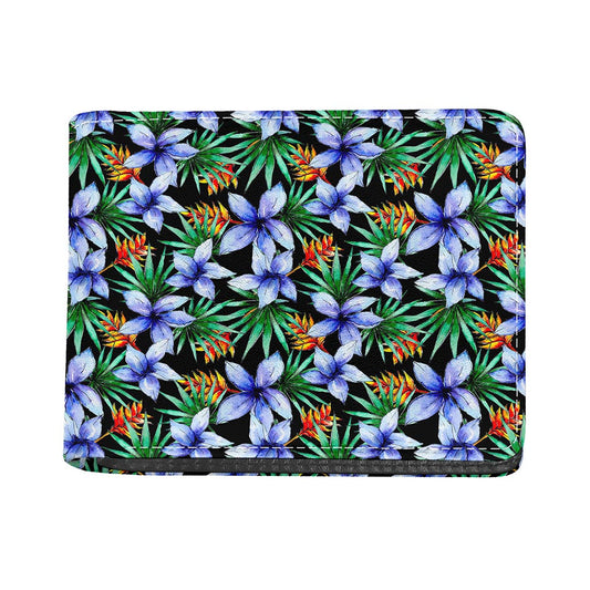 Blue Hawaiian Wildflowers Pattern Print Bifold Wallet
