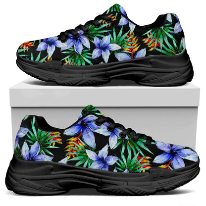 Blue Hawaiian Wildflowers Pattern Print Black Chunky Shoes