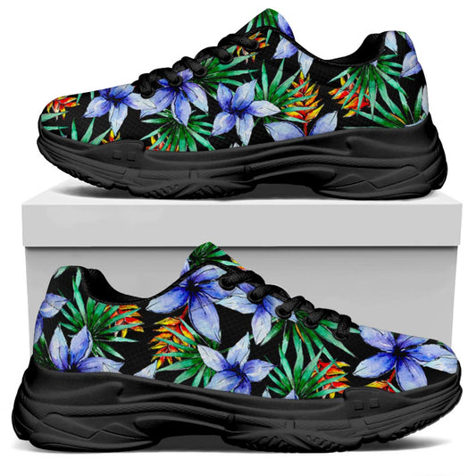 Blue Hawaiian Wildflowers Pattern Print Black Chunky Shoes