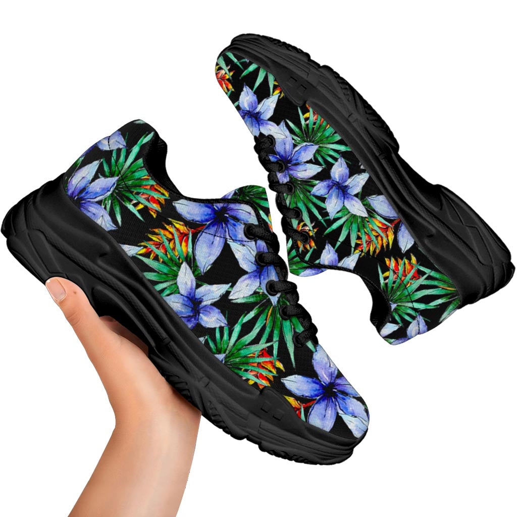 Blue Hawaiian Wildflowers Pattern Print Black Chunky Shoes