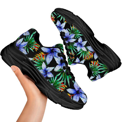 Blue Hawaiian Wildflowers Pattern Print Black Chunky Shoes