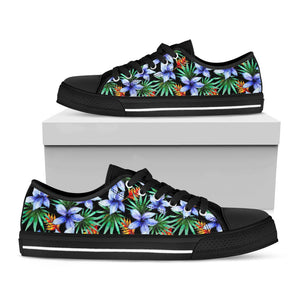 Blue Hawaiian Wildflowers Pattern Print Black Low Top Sneakers