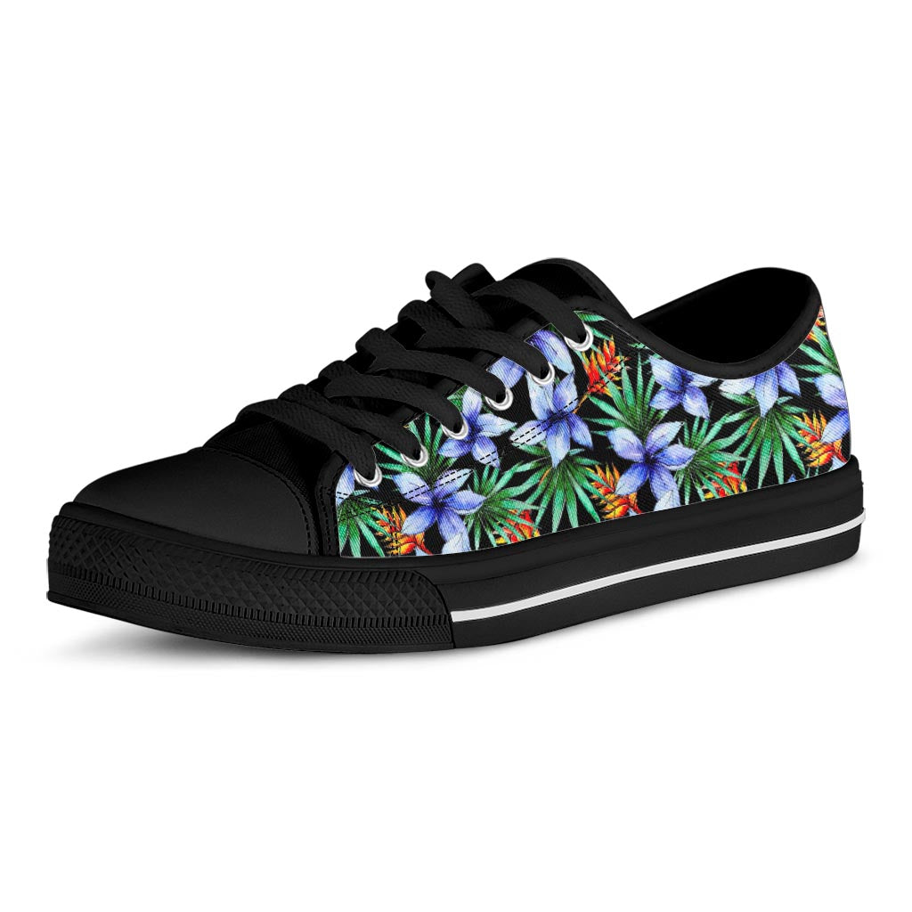 Blue Hawaiian Wildflowers Pattern Print Black Low Top Sneakers