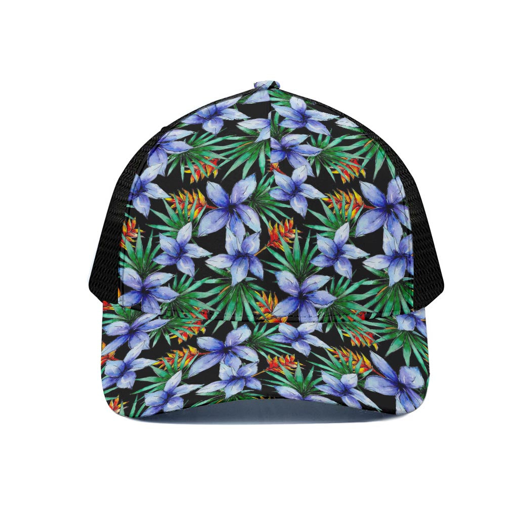 Blue Hawaiian Wildflowers Pattern Print Black Mesh Trucker Cap
