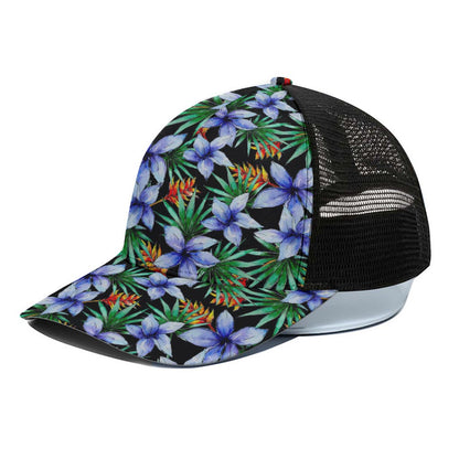 Blue Hawaiian Wildflowers Pattern Print Black Mesh Trucker Cap