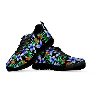 Blue Hawaiian Wildflowers Pattern Print Black Running Shoes