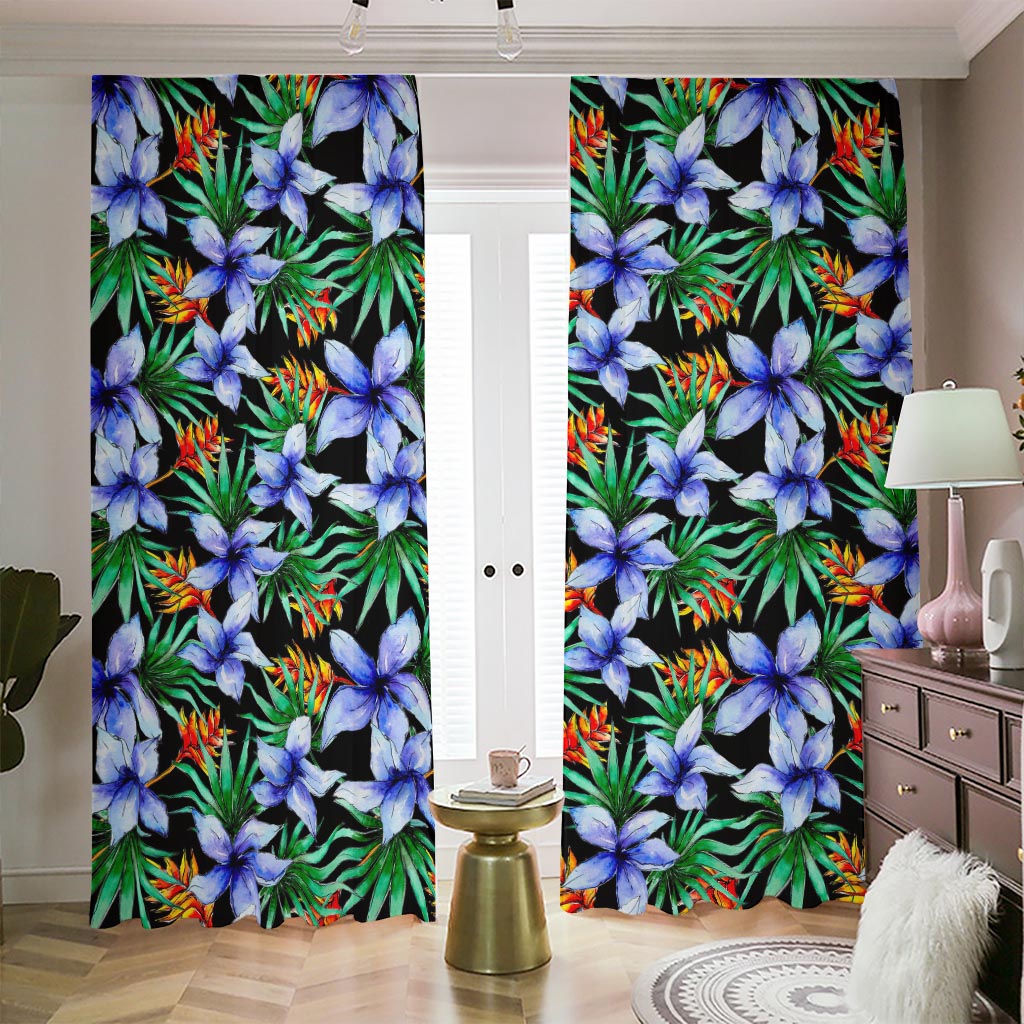 Blue Hawaiian Wildflowers Pattern Print Blackout Pencil Pleat Curtains