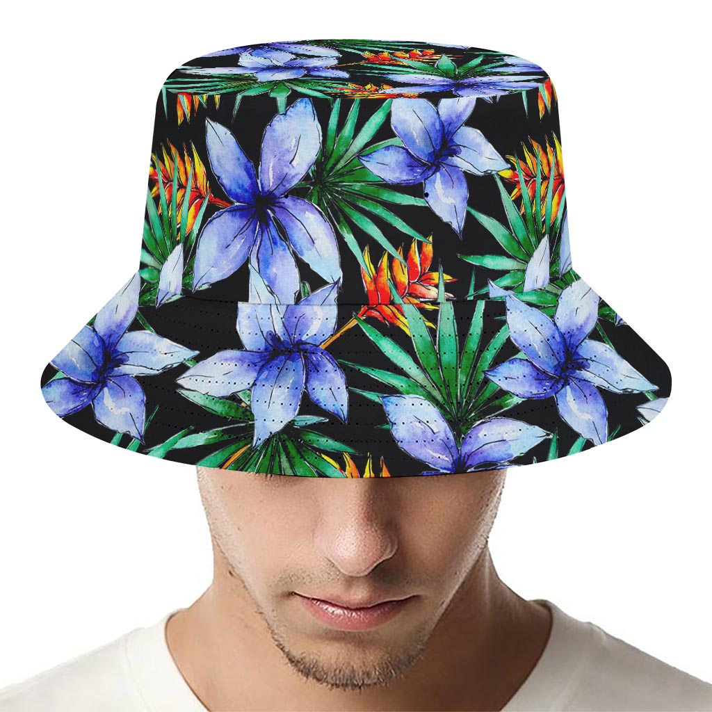 Blue Hawaiian Wildflowers Pattern Print Bucket Hat
