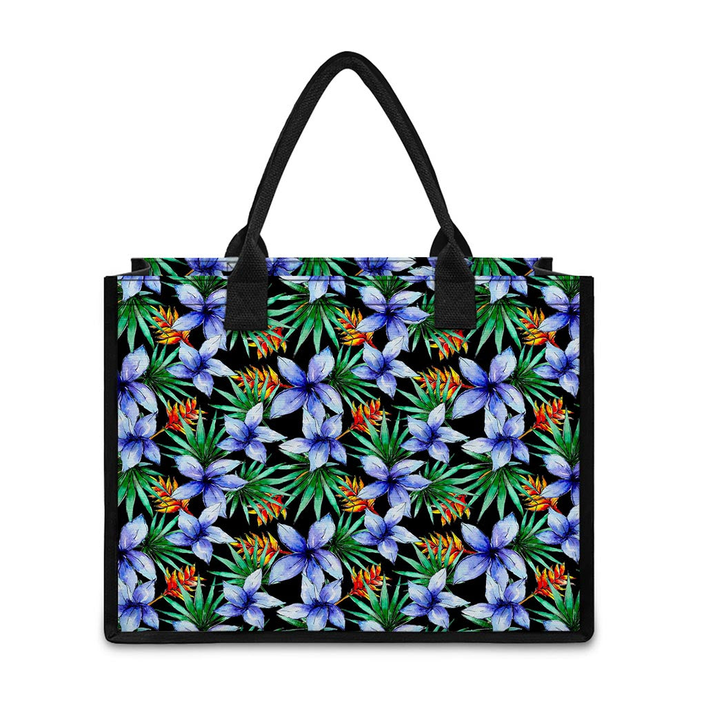 Blue Hawaiian Wildflowers Pattern Print Canvas Tote Bag