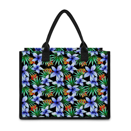 Blue Hawaiian Wildflowers Pattern Print Canvas Tote Bag