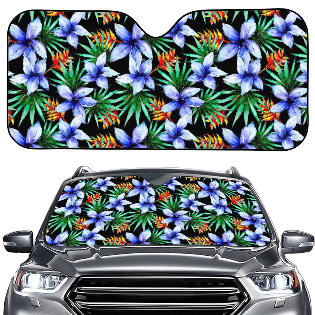 Blue Hawaiian Wildflowers Pattern Print Car Windshield Sun Shade