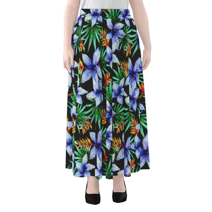 Blue Hawaiian Wildflowers Pattern Print Chiffon Maxi Skirt